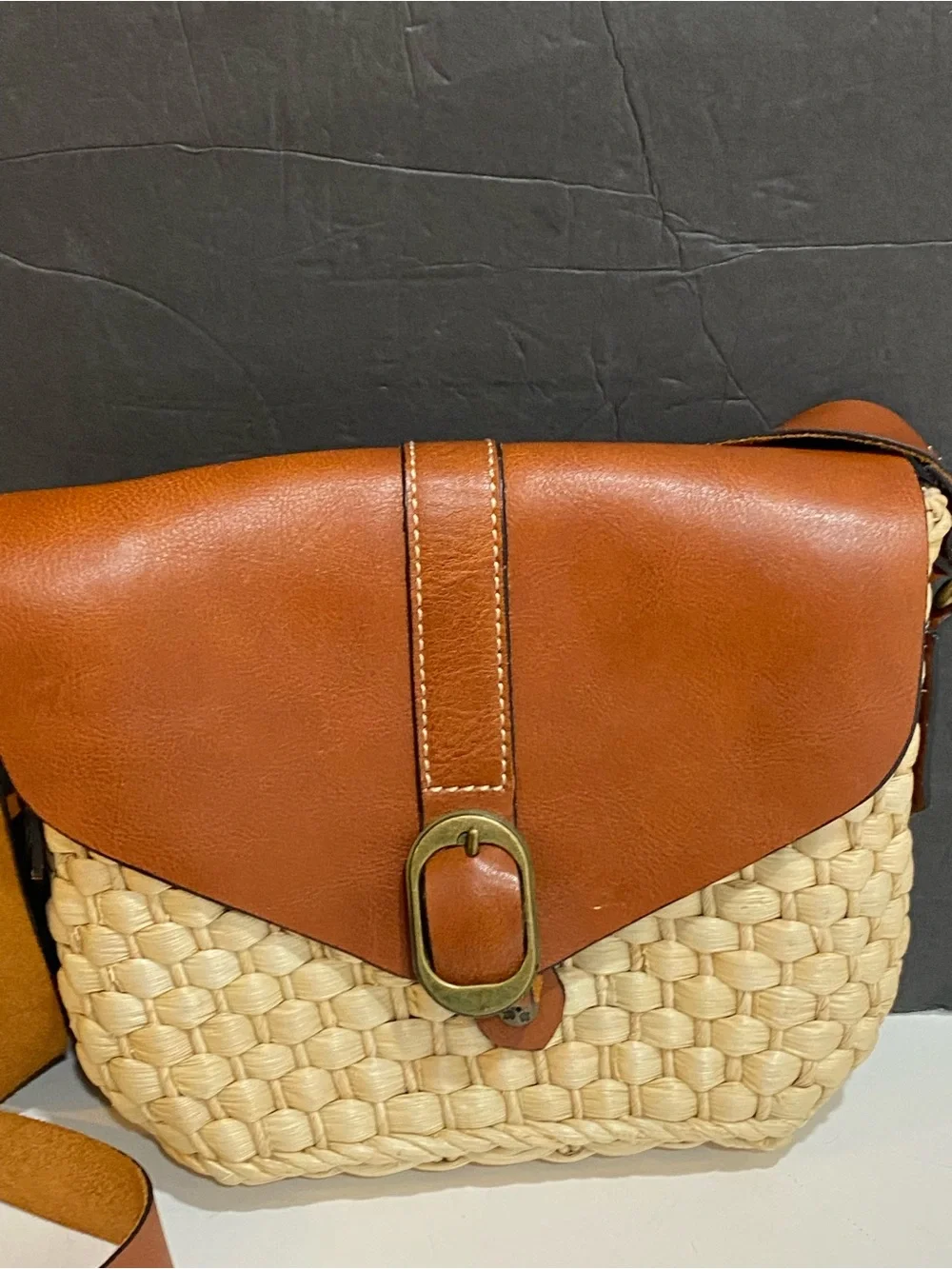 Patricia Nash Woven Straw Leather Flap Crossbody Bag Cognac Tan Buckle